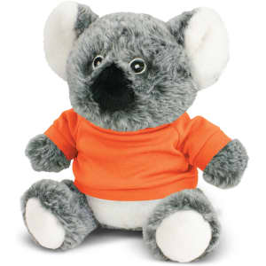 A grey koala plush toy wearing an orange shirt, with black and white accents, and a cute face. Features a branding logo.