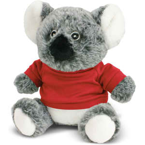 A grey koala plush toy wearing a red shirt, featuring round black nose and eyes, with soft white ear details.