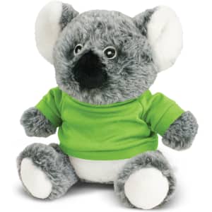 A grey koala plush toy wearing a bright green shirt, featuring black paws and large, expressive eyes.