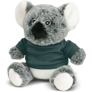 A grey koala plush toy wearing a dark green shirt, featuring soft fur and a cheerful expression.