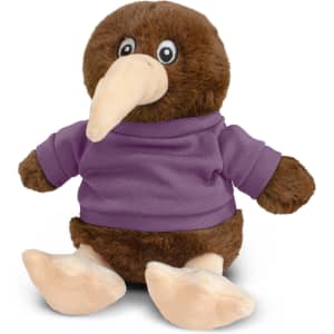 A brown kiwi plush toy wearing a purple shirt and featuring a cute, rounded body with large feet and eyes.