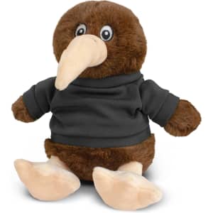 A brown kiwi plush toy wearing a black shirt, featuring a round body and large feet. It has a beak and eyes.
