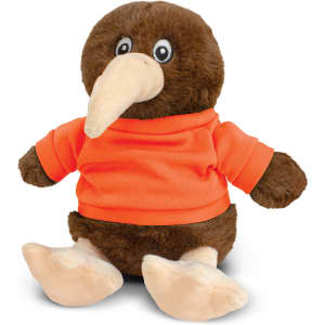 A brown kiwi plush toy wearing an orange shirt, featuring a large beak and round eyes.