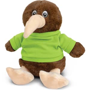 A brown kiwi plush toy wearing a bright green shirt, featuring large eyes and soft feet, sitting upright.
