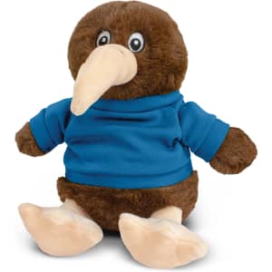 A brown kiwi plush toy wearing a blue jumper, featuring large eyes and beige feet, with a simple logo on the shirt.