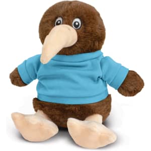 A brown kiwi plush toy wearing a blue shirt, features large eyes and a long beak, set against a white background.