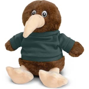 A brown kiwi plush toy wearing a dark green shirt, featuring large feet and a beak, with big eyes.