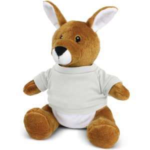 A brown kangaroo plush toy with a white shirt, featuring large ears and a friendly expression.