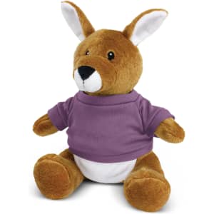 A brown kangaroo plush toy wearing a purple shirt, with large ears and a friendly expression.