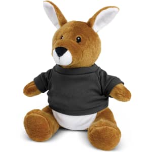 A brown kangaroo plush toy wearing a black shirt, with large ears and a friendly expression.