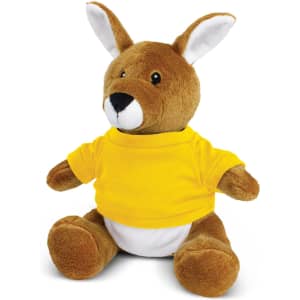 A brown kangaroo plush toy wearing a yellow T-shirt, sitting with its arms outstretched. It has white ears and a friendly expression.