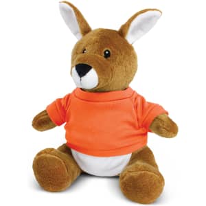 A plush kangaroo toy with brown fur, wearing an orange shirt, sitting upright with white accents on its ears.
