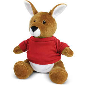 A brown kangaroo plush toy dressed in a red shirt features large ears and a friendly expression.