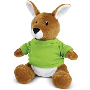 A brown kangaroo plush toy wearing a green shirt, featuring soft fur and a friendly expression.
