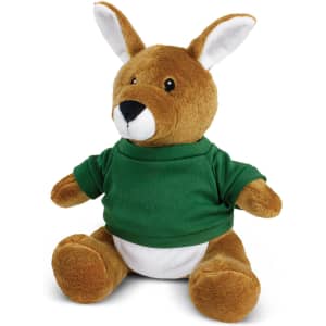 A brown kangaroo plush toy wearing a green shirt, with large ears and a friendly expression.