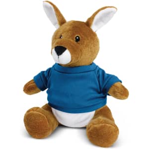 A brown kangaroo plush toy wearing a blue shirt, with bright white accents on its ears and belly.