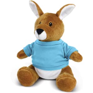 A plush kangaroo toy with brown fur, wearing a light blue shirt and white belly, sitting upright.