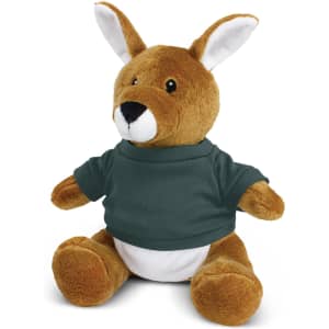 A brown kangaroo plush toy wearing a green shirt, sitting upright with a friendly expression and soft features.