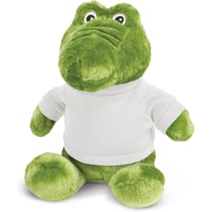 A green crocodile plush toy wearing a white shirt, featuring large eyes and a friendly expression.
