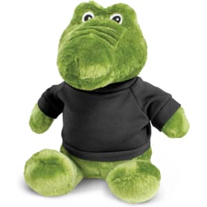 A green crocodile plush toy wearing a black shirt, featuring large eyes and a textured body.