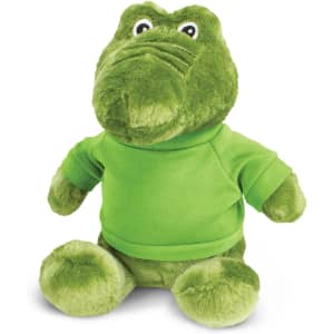 A green crocodile plush toy wearing a bright green shirt, featuring a friendly expression and soft texture.