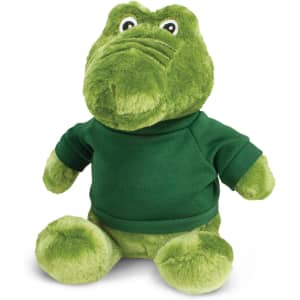 A green crocodile plush toy wearing a green sweatshirt, featuring a friendly expression and soft texture.