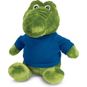 A green crocodile plush toy wearing a blue shirt, with large eyes and a friendly expression.