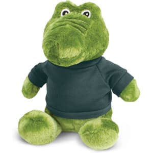 A green crocodile plush toy dressed in a dark jumper, featuring large eyes and a friendly expression.