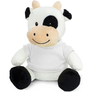 A cow plush toy featuring a black and white design, with a friendly expression and wearing a white shirt.