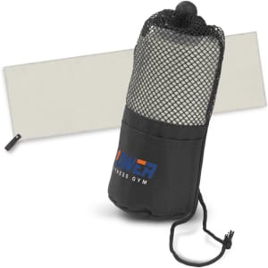 A black mesh gym towel holder with a grey towel, featuring a logo on the holder.