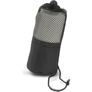 A black gym towel packaged in a mesh bag with a drawstring closure, designed for leisure and outdoor activities.