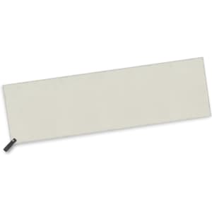 A light grey gym towel with a black branding tag on one end, designed for leisure and outdoor activities.
