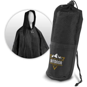 A black poncho with a hood packed in a mesh carry pouch, featuring a logo on the pouch.