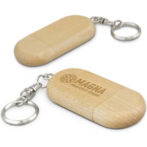 A wooden 4GB flash drive with a keychain attachment, featuring a logo on one side.