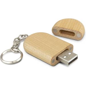 A wooden 4GB flash drive with a removable cap and keychain attachment.