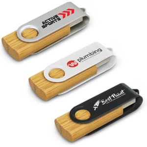 A set of three Helix 4GB bamboo flash drives featuring a metal swivel cover in silver, black, and grey.