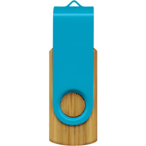 A turquoise and bamboo flash drive with a swivel design and a circular keyring attachment.