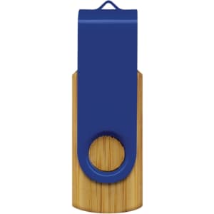 A bamboo flash drive with a blue metallic top and a circular hole for attachment.