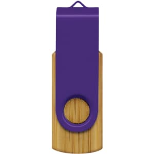 A purple and bamboo flash drive featuring a swivel design and a circular hole for easy attachment.
