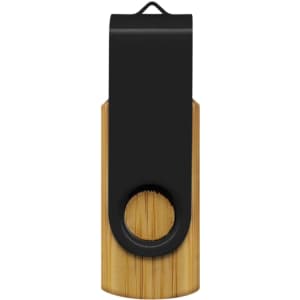 A bamboo flash drive with a black top and a circular loop for attachment. It features a logo on the surface.