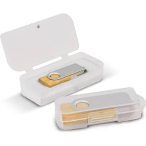A bamboo flash drive in a clear case, featuring silver metal detailing. The case is open, displaying the drive.