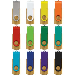 A collection of Helix 4GB Bamboo Flash Drives in various colours, featuring a bamboo base and a metal top with a branding logo.