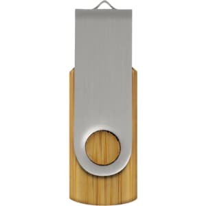 A bamboo and metal flash drive with a sleek design and a circular opening, featuring a branding logo.