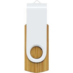 A bamboo flash drive with a white top section, featuring a circular hole for attachment.