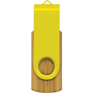 A bright yellow and bamboo flash drive with a loop for easy attachment.