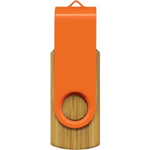 A bamboo flash drive featuring an orange cap and a circular hole for attachment. It has a branding logo.