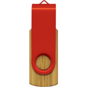 A bamboo flash drive with a red metal cap and a circular attachment hole. It features a logo on the surface.