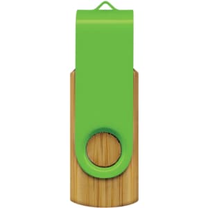A bamboo flash drive with a green plastic top, featuring a circular hole for attachment.