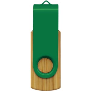 A green and bamboo flash drive featuring a swivel cap design and a circular hole for keyring attachment.