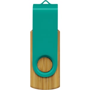 A bamboo flash drive featuring a turquoise plastic cap and a circular hole for easy attachment.